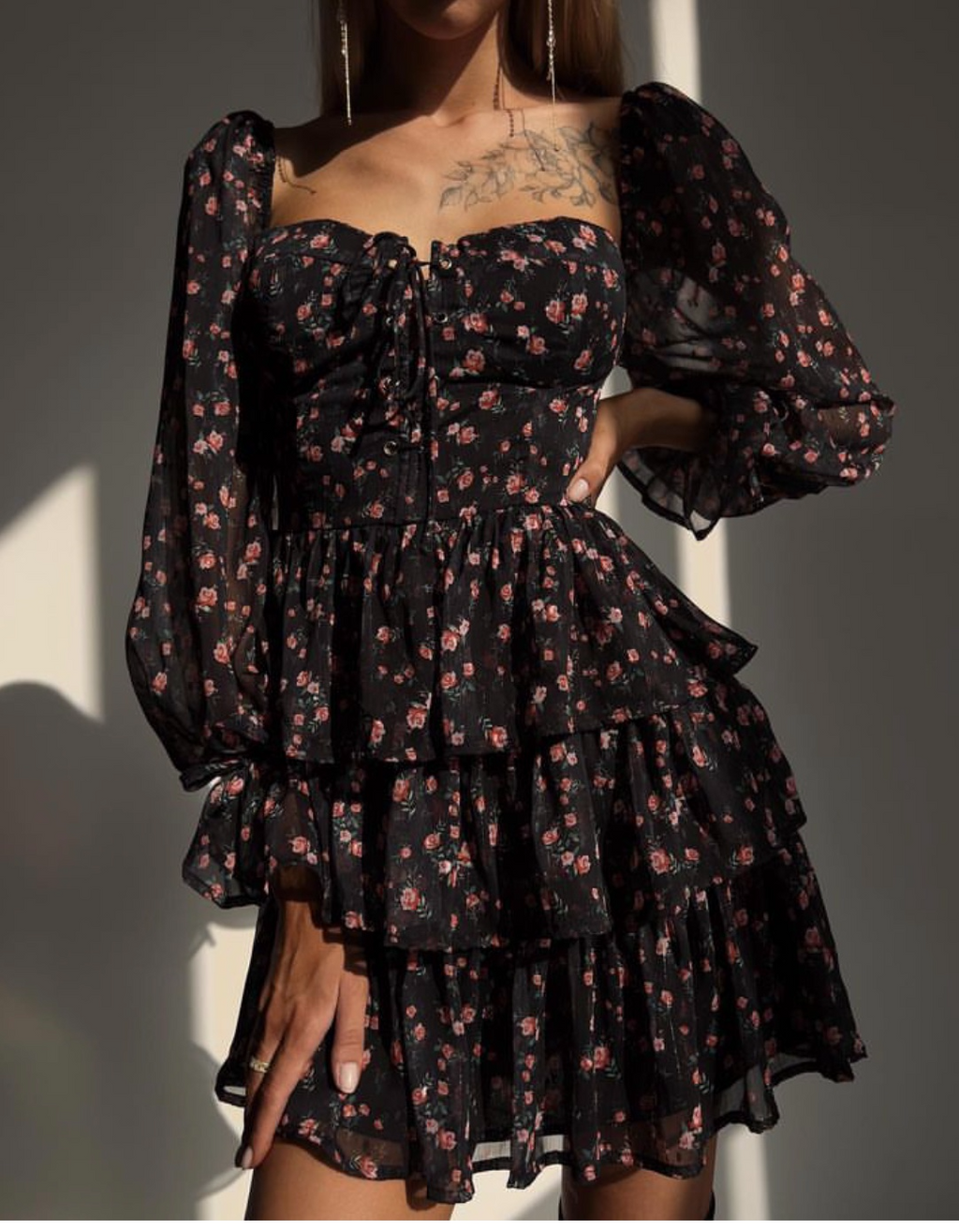 Women's Autumn French Square Neck Chiffon Long Sleeve Dress
