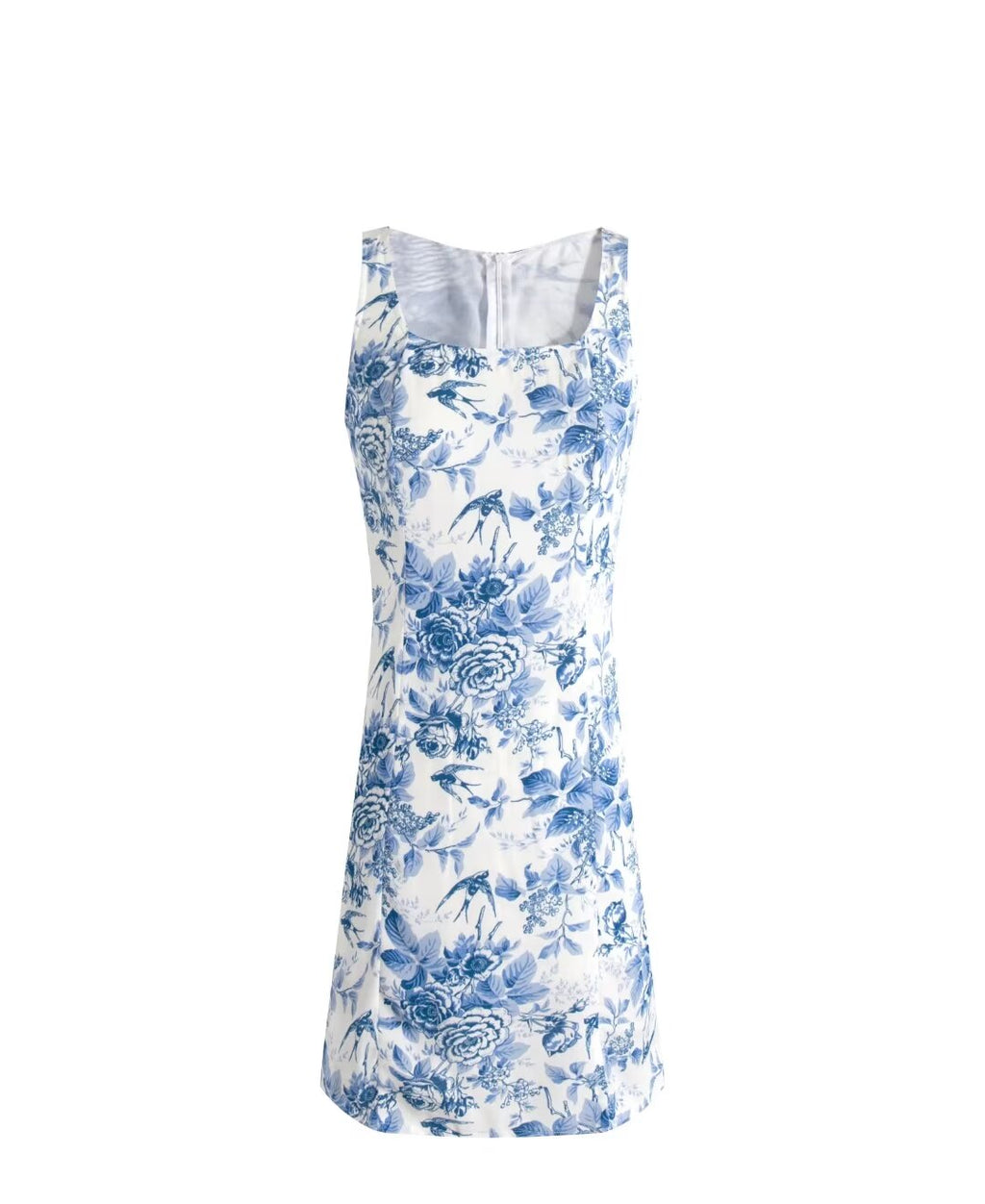 Blue & White Print Square-Neck Sleeveless Dress