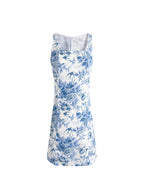 Blue & White Print Square-Neck Sleeveless Dress