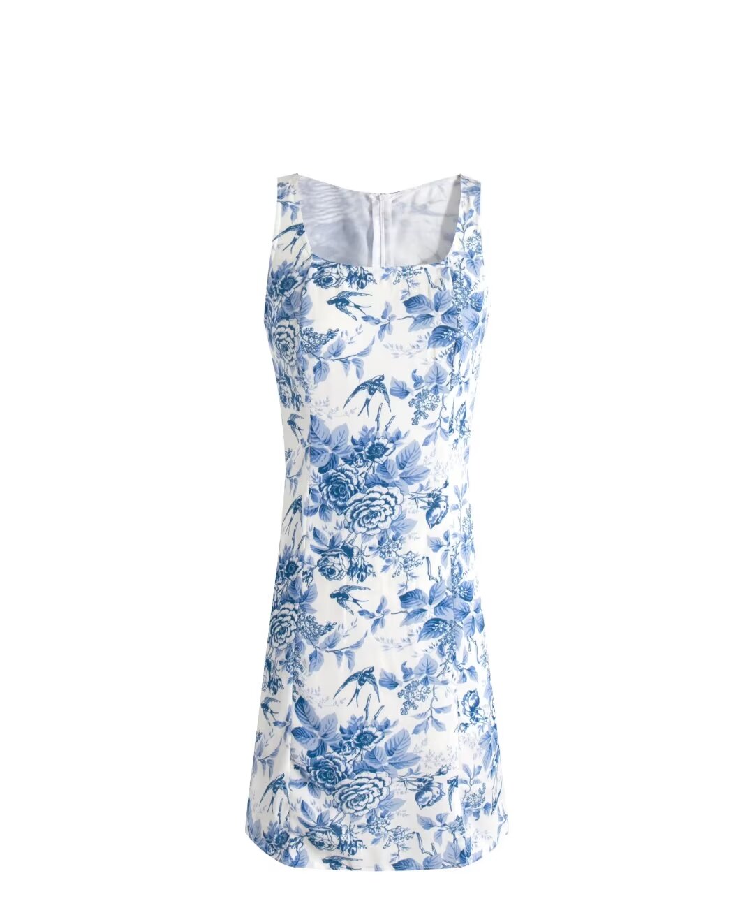 Blue & White Print Square-Neck Sleeveless Dress