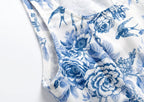 Blue & White Print Square-Neck Sleeveless Dress