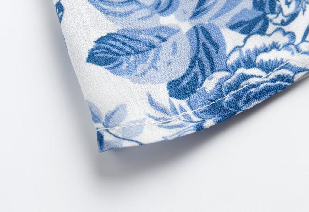 Blue & White Print Square-Neck Sleeveless Dress