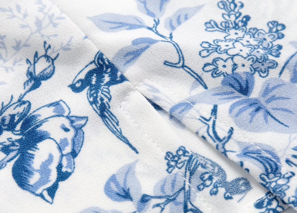 Blue & White Print Square-Neck Sleeveless Dress