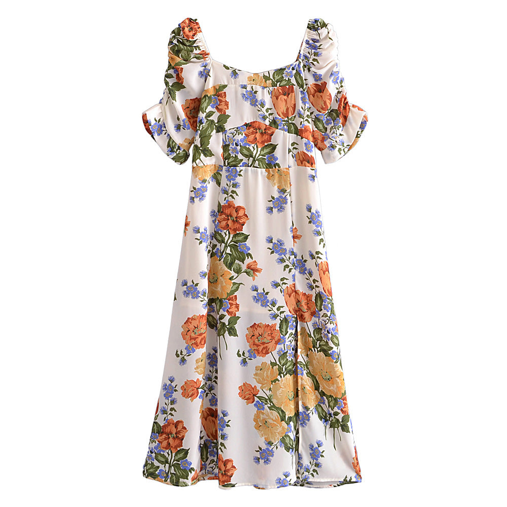 Polka-Dot Puff-Sleeve Pleated Dress