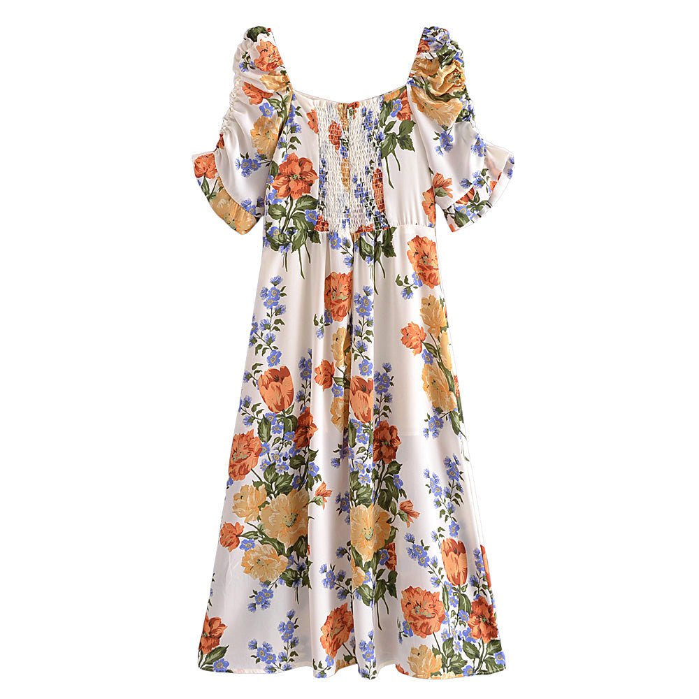 Polka-Dot Puff-Sleeve Pleated Dress