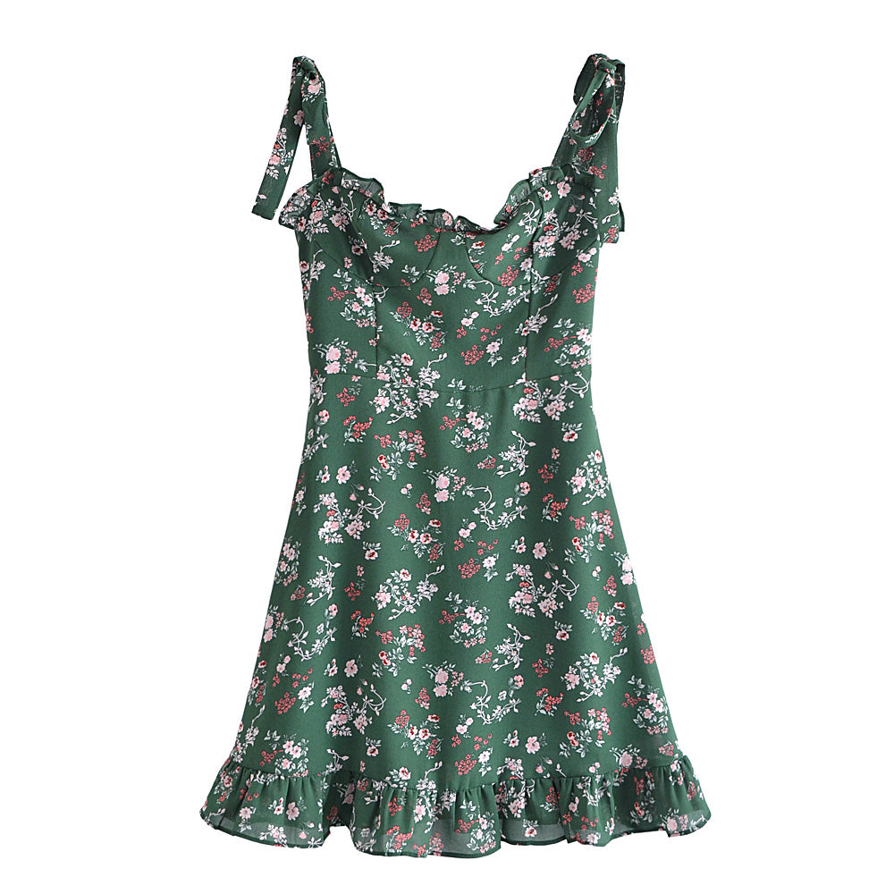 Women's French Vintage Floral Lace-Up Mini Dress