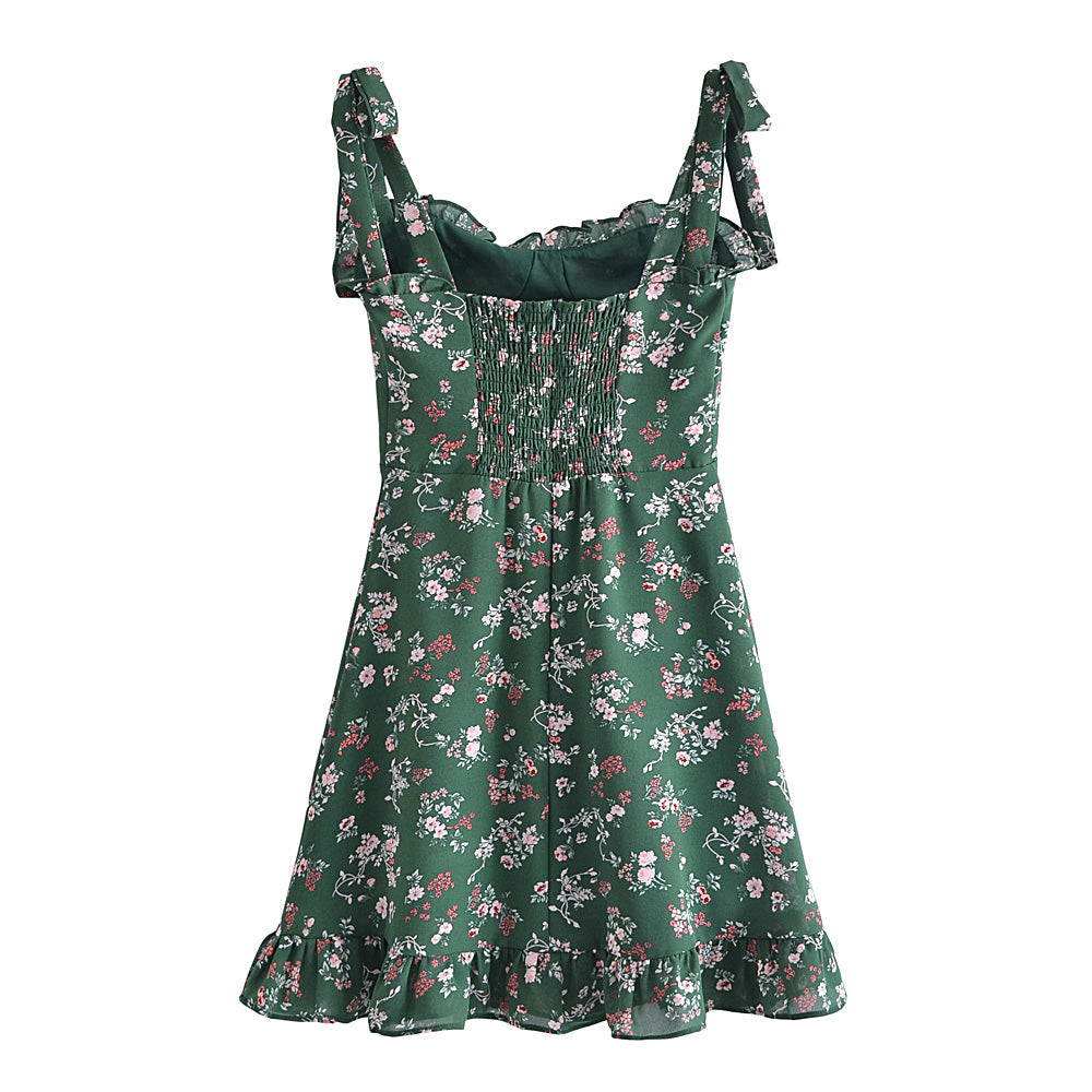 Women's French Vintage Floral Lace-Up Mini Dress