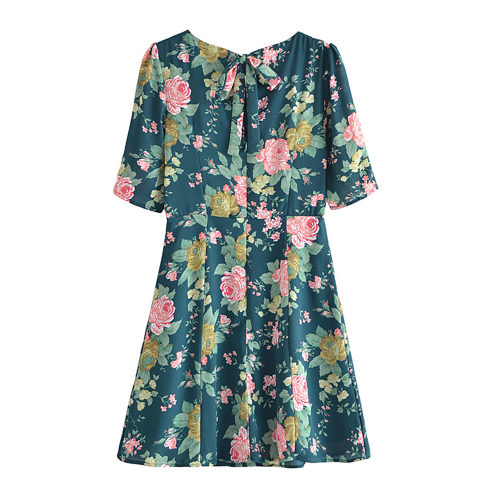 Back Lace-Up Sleeves Button Decorations Half Length Sleeve Short Dress