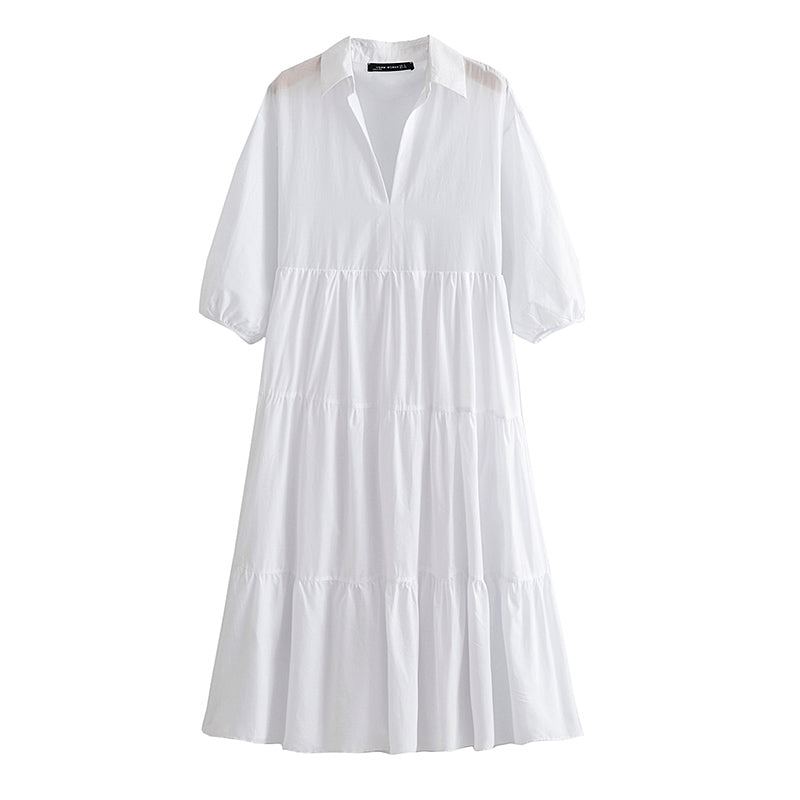 Collared 3/4-Sleeve Midi Dress