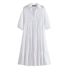 Collared 3/4-Sleeve Midi Dress