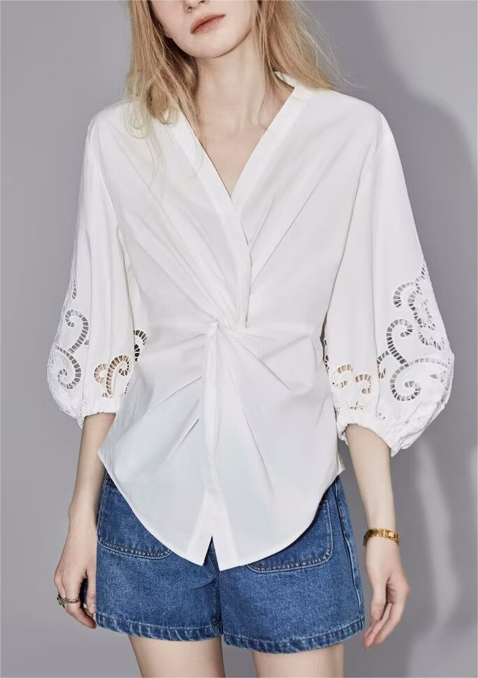 Women's White French V-Neck Long Sleeve Blouse