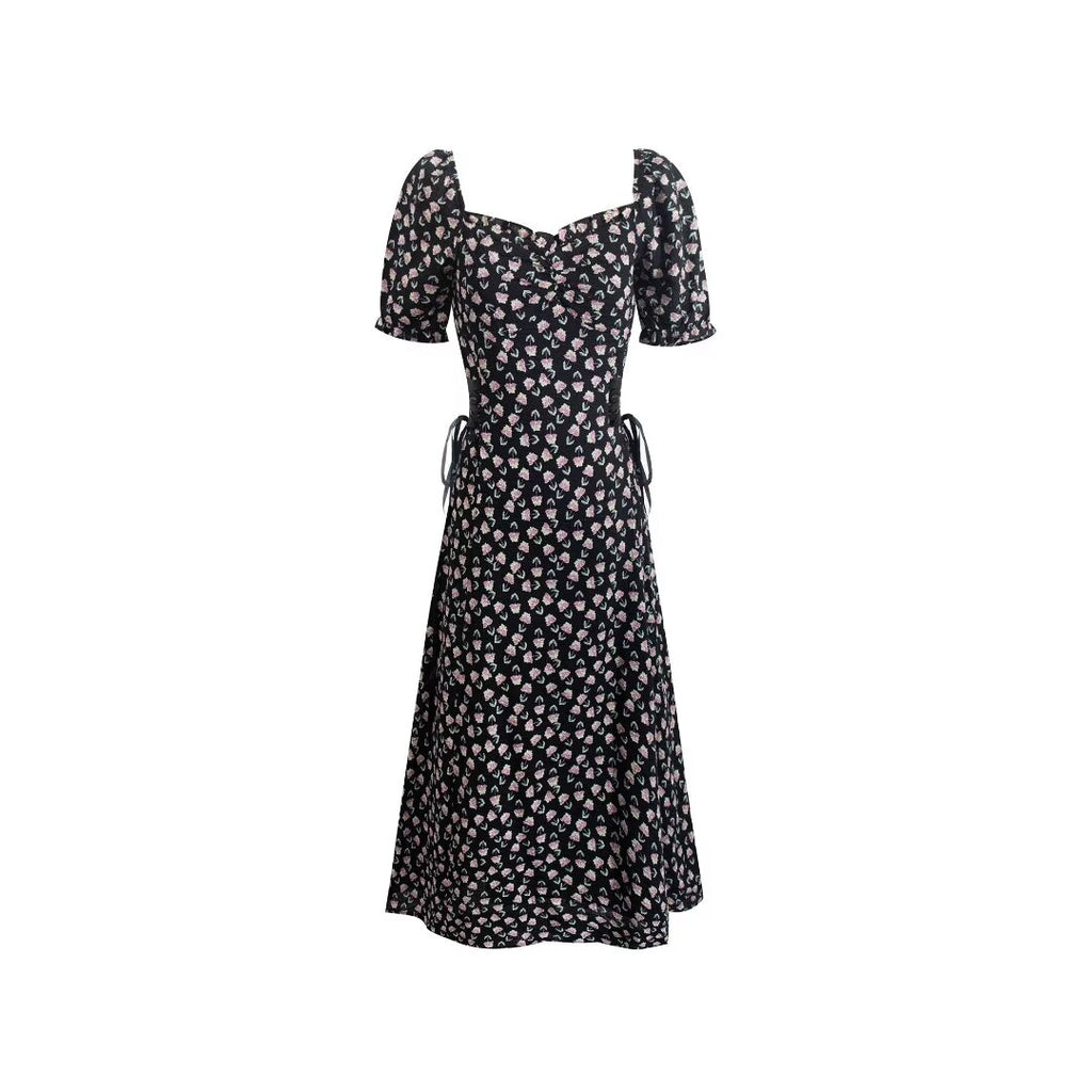 Square-Neck Puff Sleeve Printed Dress High-Waist Lace-Up Midi Summer