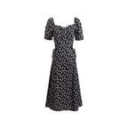 Square-Neck Puff Sleeve Printed Dress High-Waist Lace-Up Midi Summer
