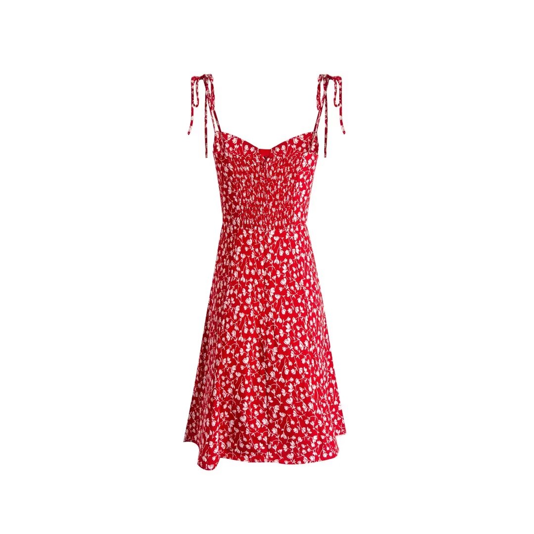Women's Summer Women Clothing Red Floral Print Slim Strap Dress