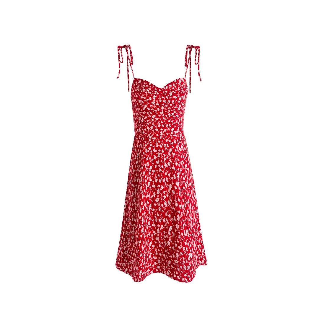 Women's Summer Women Clothing Red Floral Print Slim Strap Dress