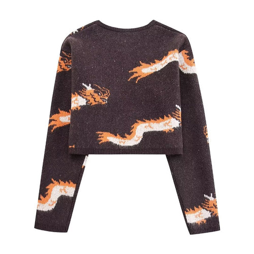 Spring Autumn round Neck Animal Jacquard Loose Fitting All Matching Short Knitted Cardigan Coat Women
