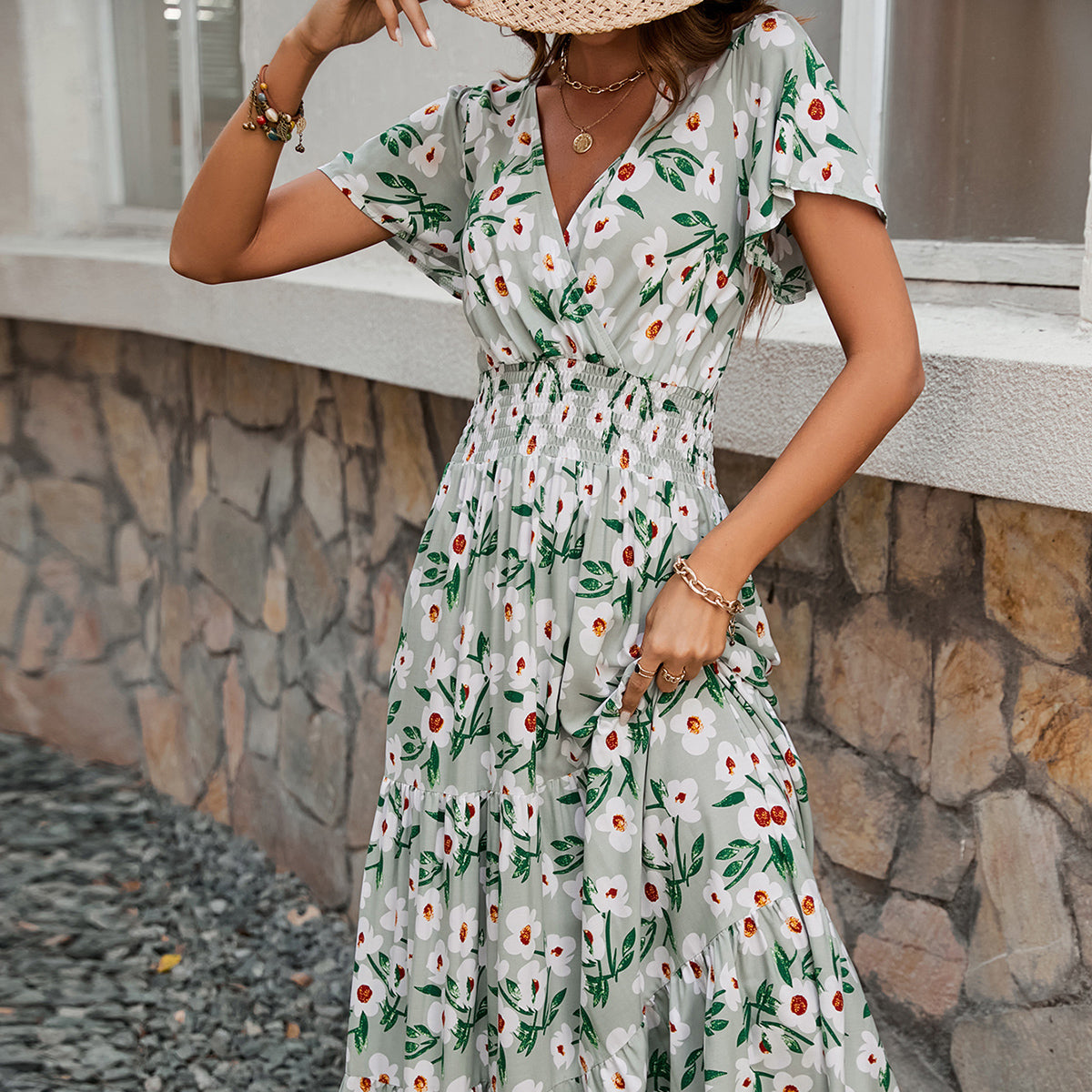 Summer New V neck Short sleeved rayon Printed dress Women Fashion Elegant Tight Waist Slimming Long Dress