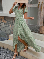 Women's Summer New Women V Neck Printed Short Sleeved One Piece Strap Dress Beach Holiday Style Big Dress