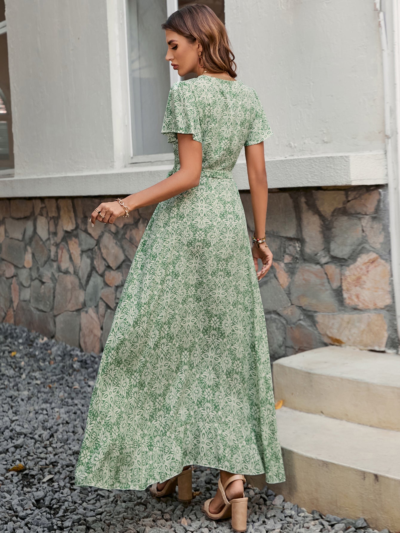 Women's Summer New Women V Neck Printed Short Sleeved One Piece Strap Dress Beach Holiday Style Big Dress
