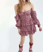 Women's Floral Printed Sweet Backless Long Sleeves V Neck Dress