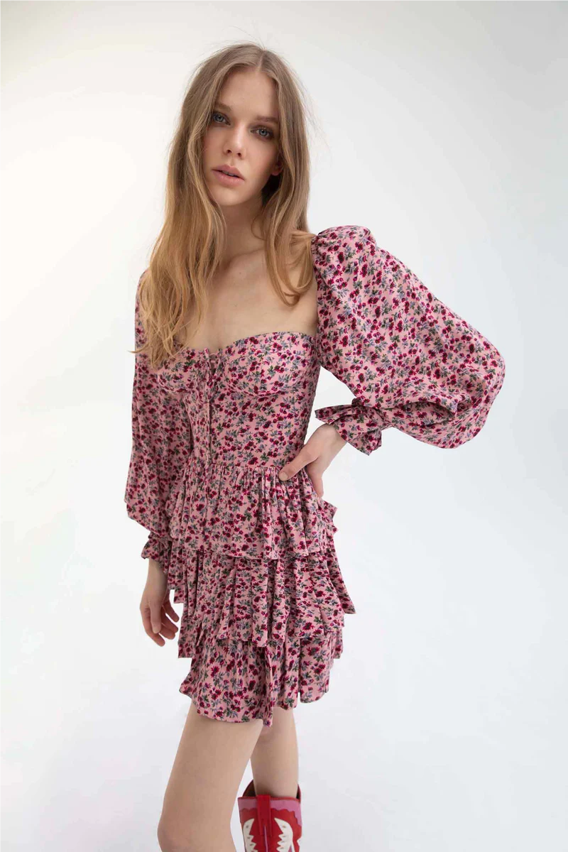 Women's Floral Printed Sweet Backless Long Sleeves V Neck Dress