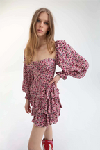 Women's Floral Printed Sweet Backless Long Sleeves V Neck Dress
