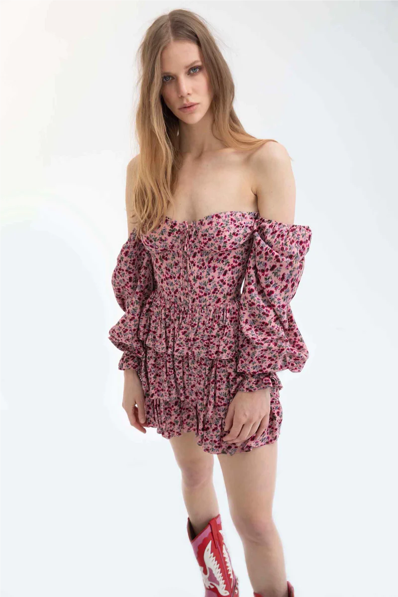 Women's Floral Printed Sweet Backless Long Sleeves V Neck Dress