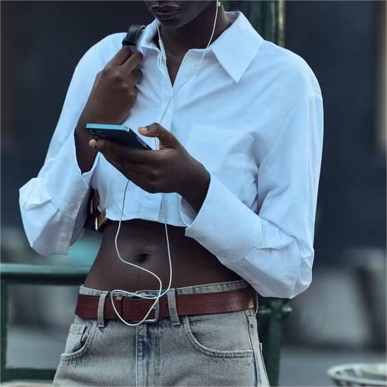 Women's Polo Collar High Waist Cropped Long Sleeve Shirt Loose