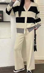 Autumn And Winter New Contrast Color Striped V-Neck Knitted Cardigan Knitted Wide Leg Pants Two-Piece Sweater Suit