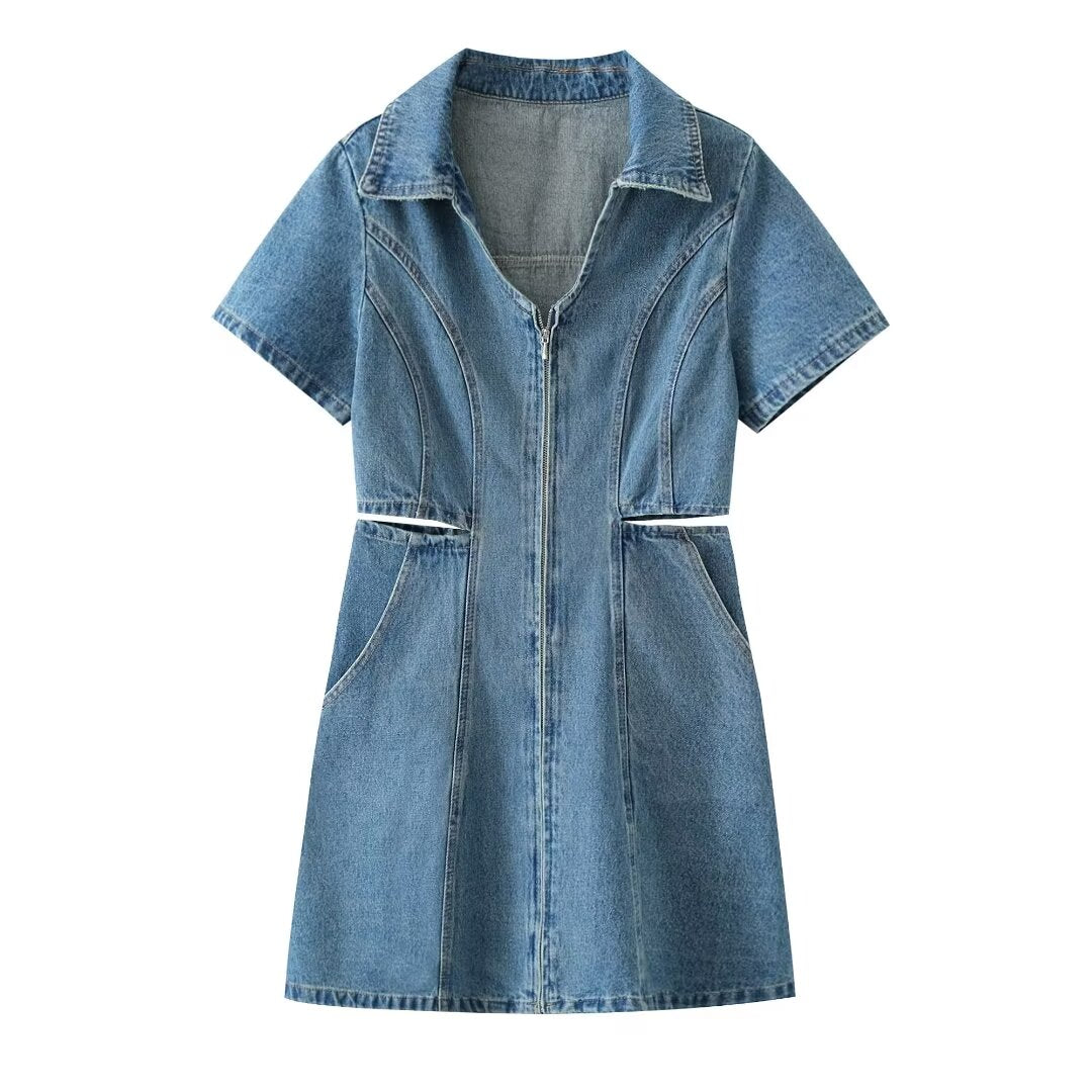 Collared Cutout Short-Sleeve Denim A-Line Dress