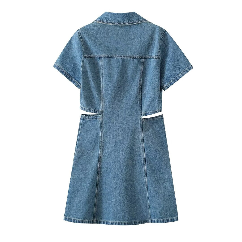Collared Cutout Short-Sleeve Denim A-Line Dress