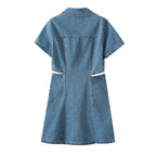 Collared Cutout Short-Sleeve Denim A-Line Dress