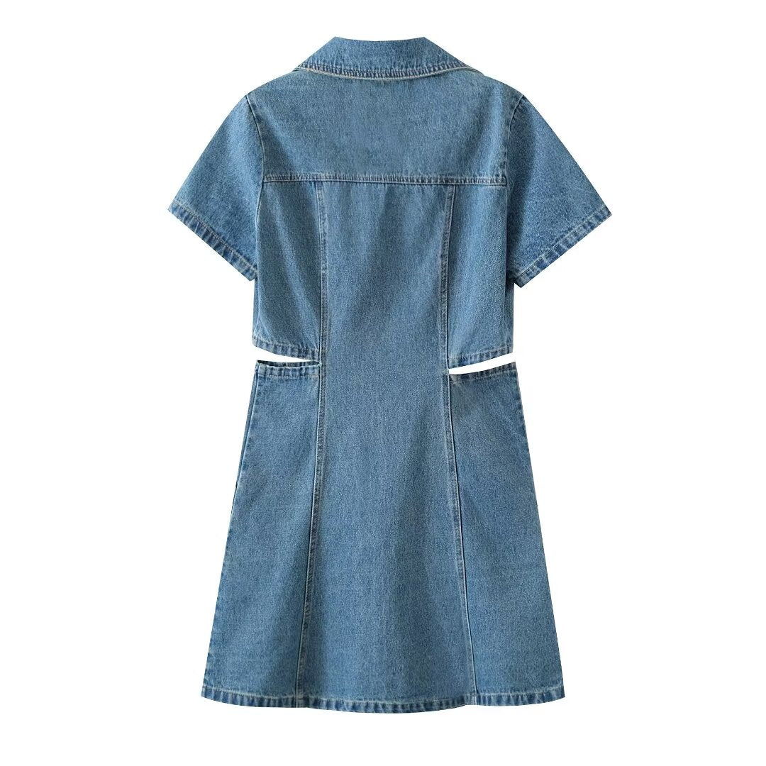 Collared Cutout Short-Sleeve Denim A-Line Dress
