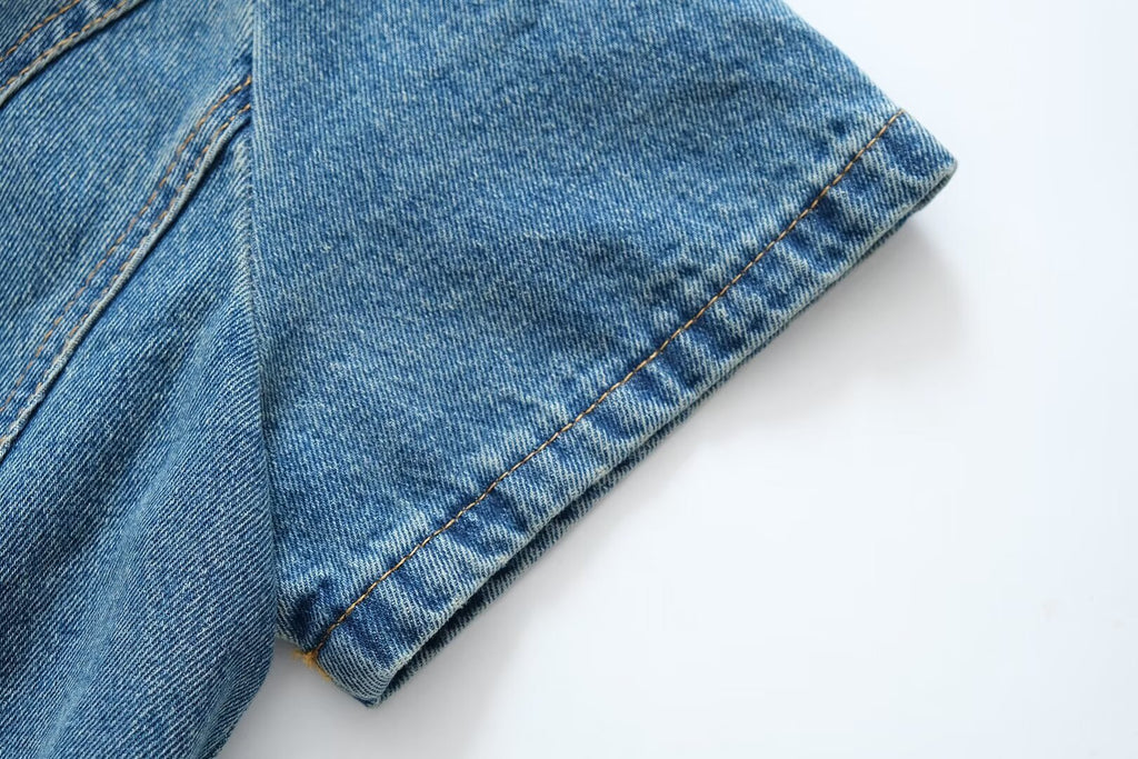 Collared Cutout Short-Sleeve Denim A-Line Dress