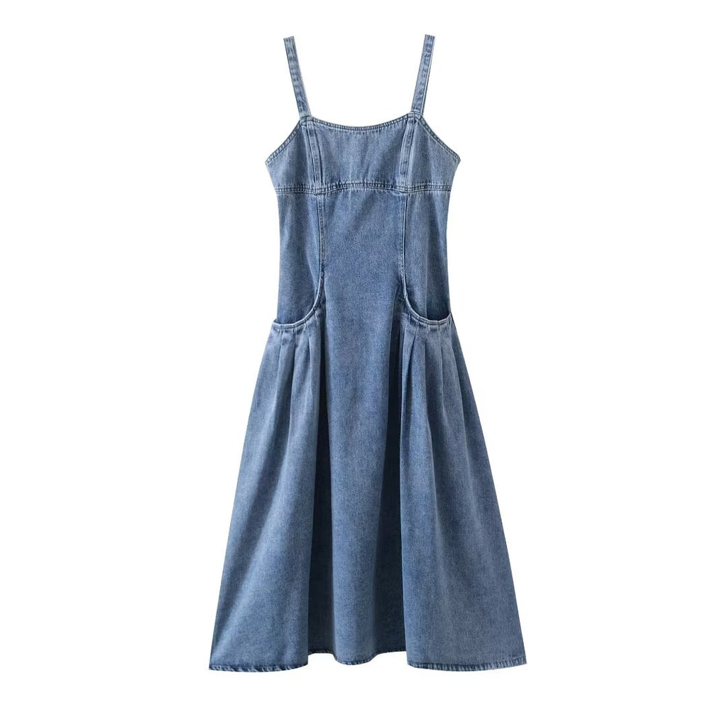 Women's French Casual Pleated Washed Denim Chic Dress