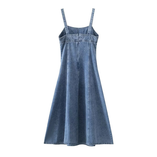 Women Clothing French Casual Pleated Washed Denim Dress Chic
