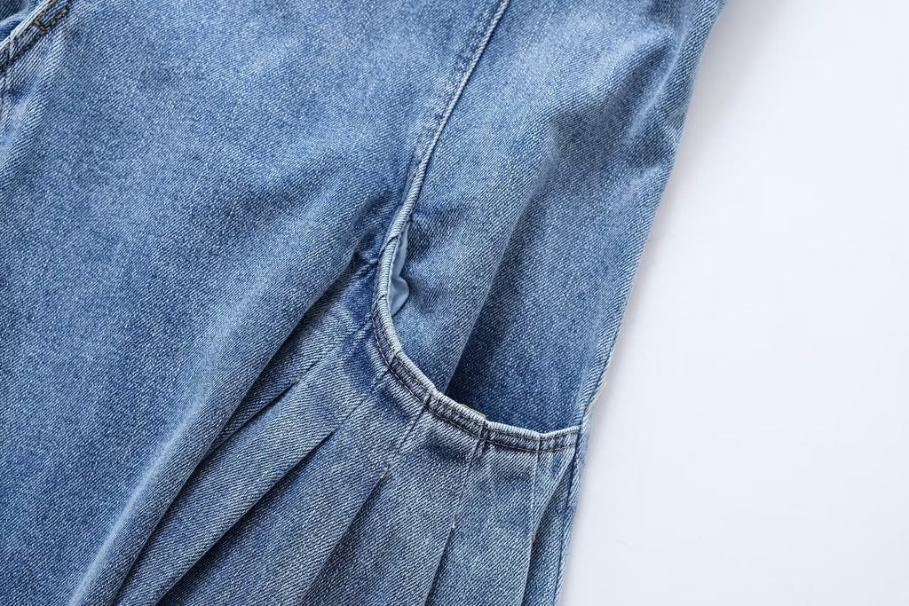 Women's French Casual Pleated Washed Denim Chic Dress