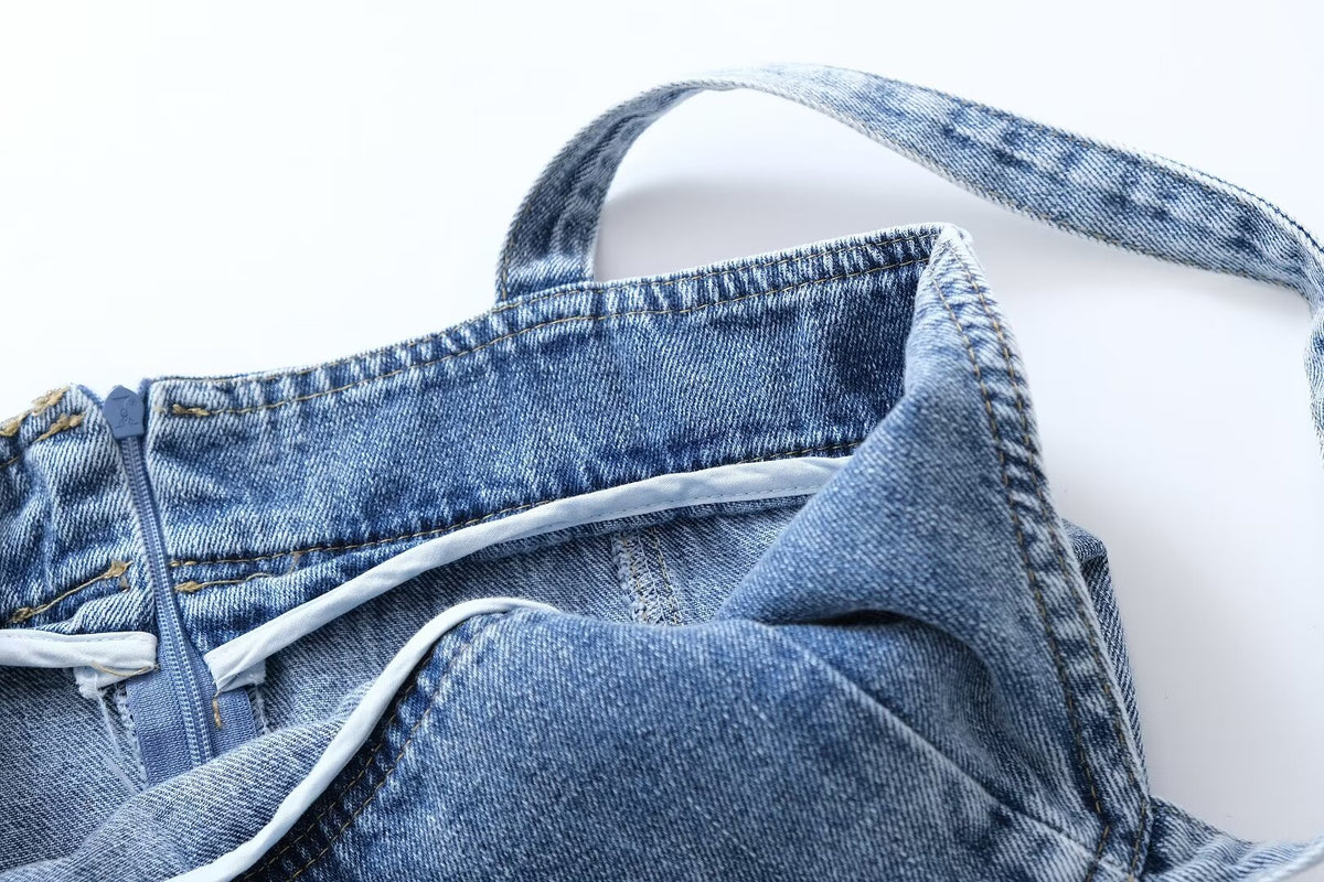 Women's French Casual Pleated Washed Denim Chic Dress