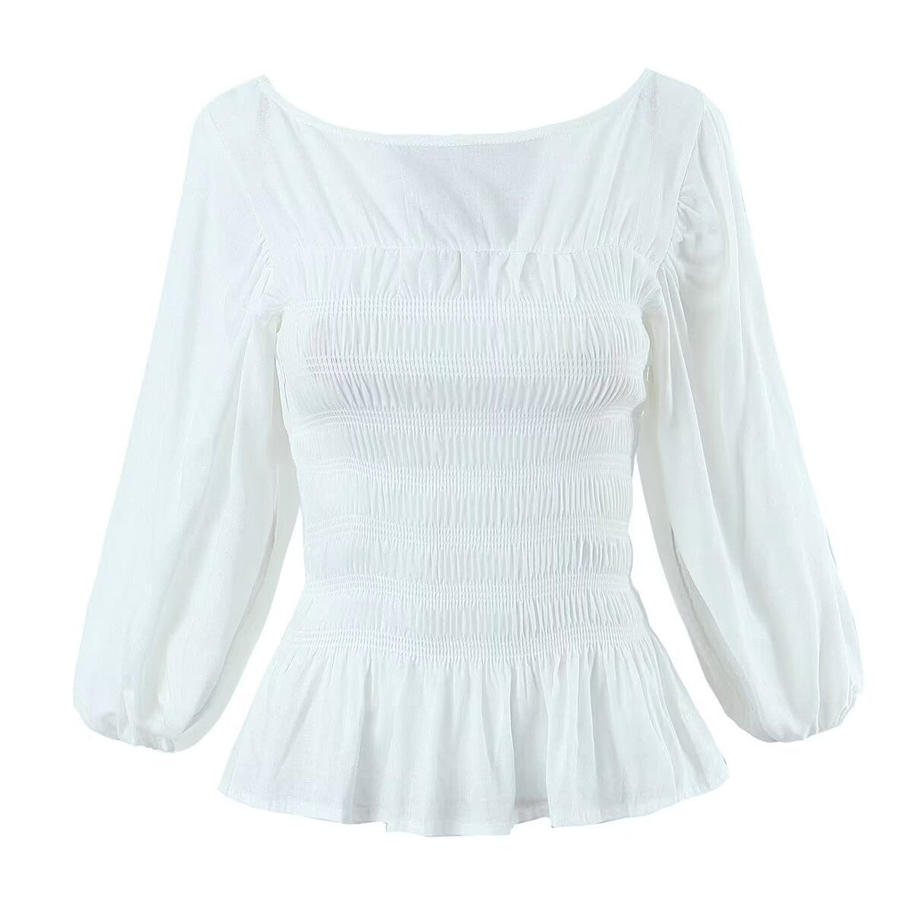Women's Spring Summer Women Clothing Blogger Ramie Off Neck Split Lantern Sleeve Full Body Elastic Top