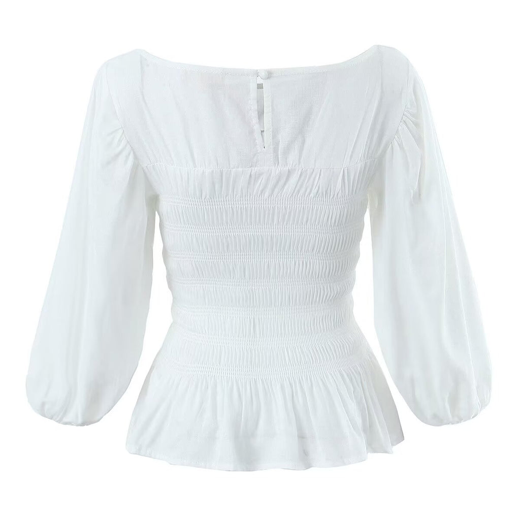 Women's Spring Summer Women Clothing Blogger Ramie Off Neck Split Lantern Sleeve Full Body Elastic Top