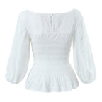 Women's Spring Summer Women Clothing Blogger Ramie Off Neck Split Lantern Sleeve Full Body Elastic Top