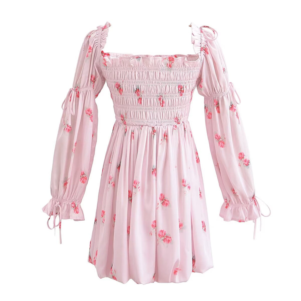 Women's Spring Casual Holiday Floral Print Puff Sleeve Bow Tie Elastic Princess Dress Puffy Dress