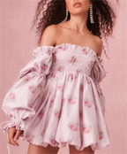 Women's Spring Casual Holiday Floral Print Puff Sleeve Bow Tie Elastic Princess Dress Puffy Dress