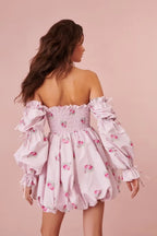 Women's Spring Casual Holiday Floral Print Puff Sleeve Bow Tie Elastic Princess Dress Puffy Dress