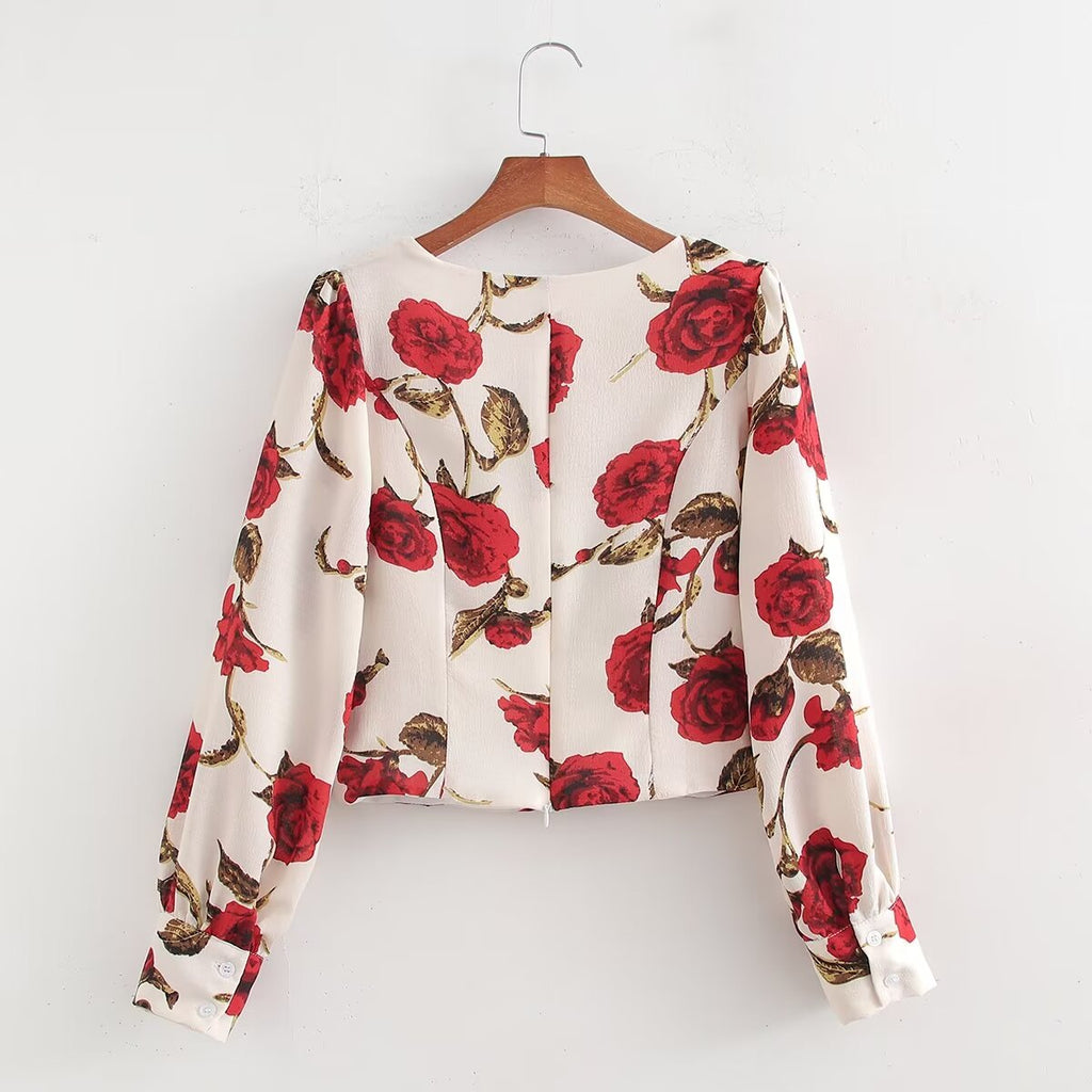 Women's Rose Print Square-Neck Long Sleeve Top