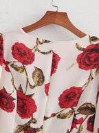 Women's Rose Print Square-Neck Long Sleeve Top