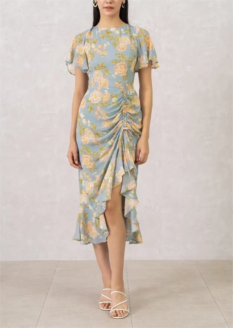 Women's French Floral Flounce Midi Dress
