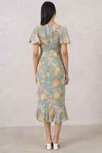 Women's French Floral Flounce Midi Dress