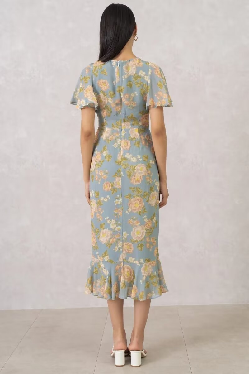 Women's French Floral Flounce Midi Dress