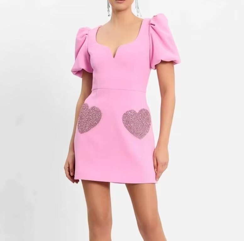 Pink Puff-Sleeve Sequin Mini Dress